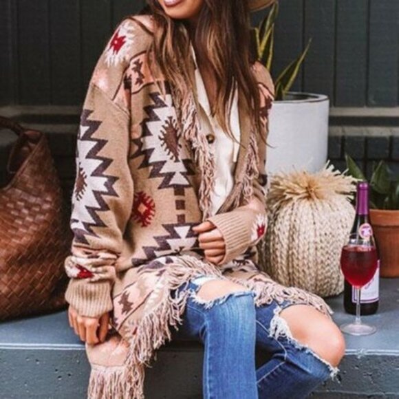 New Aztec Fringe Cardigan Sweater Coat - Picture 3 of 8